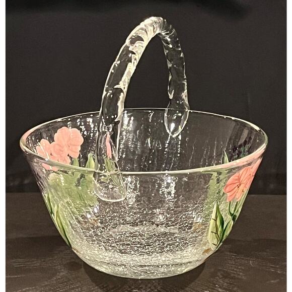 Fifth Avenue Hand Painted Floral Crackle Glass Easter Basket Bowl 8" Pink Purple - Picture 3 of 7